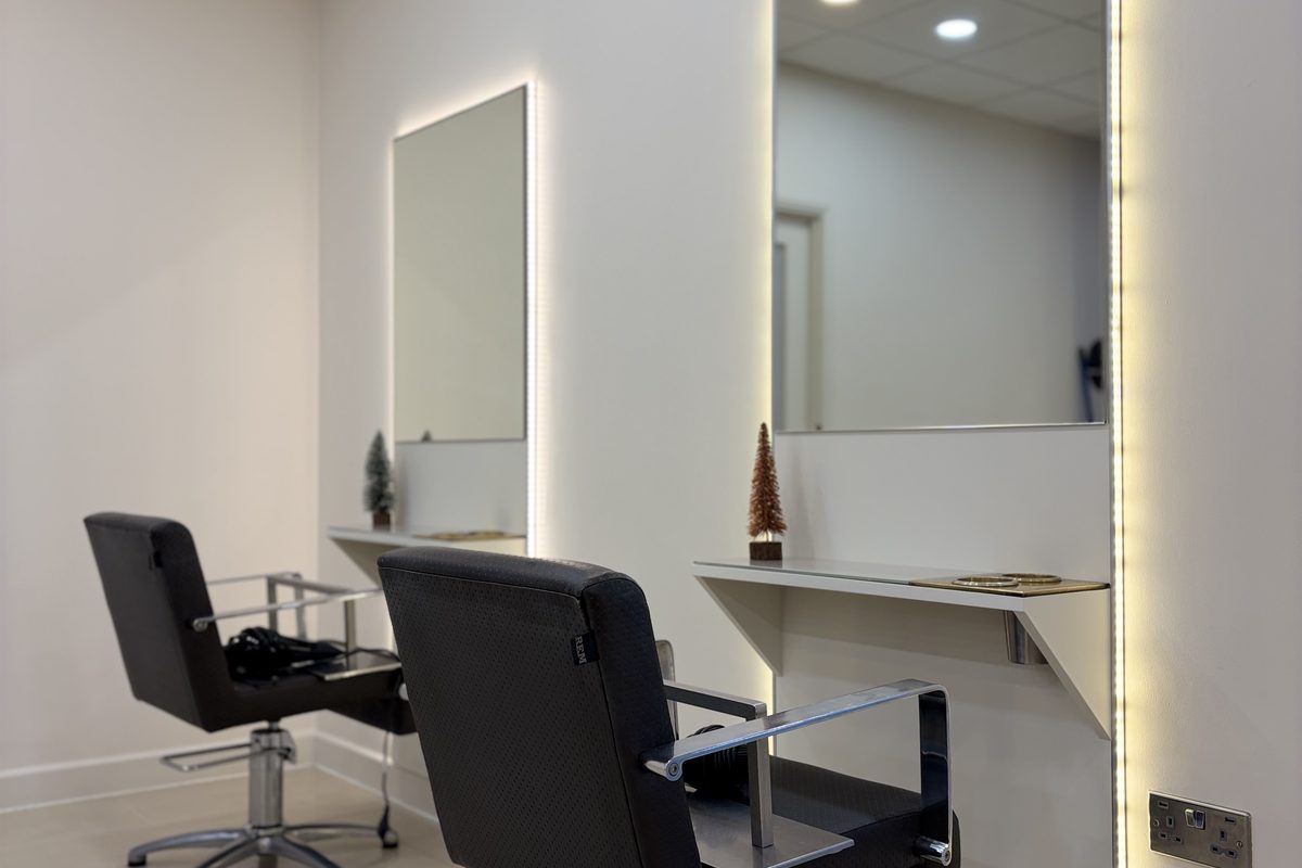 Commercial interior vinyl wrap Cambridge - hair salon station